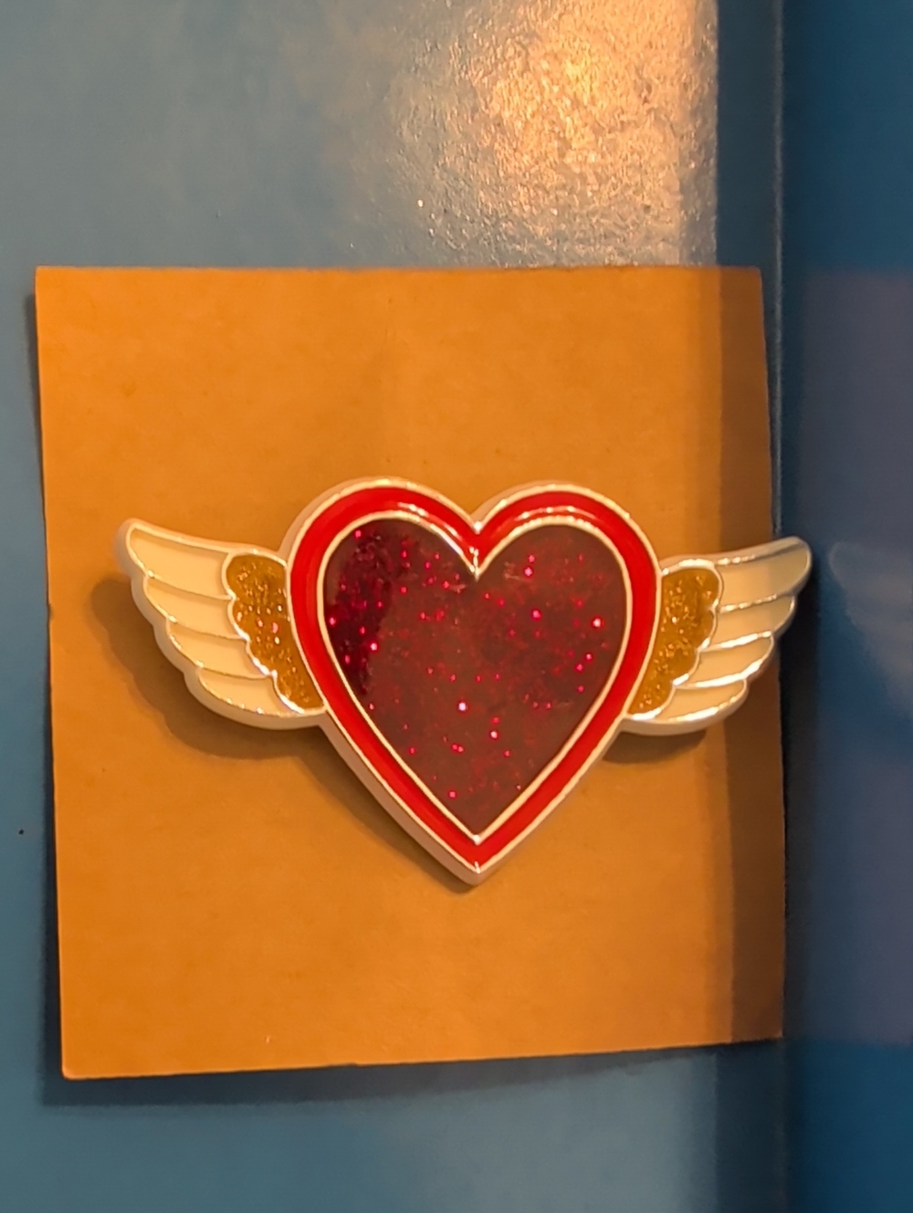 Hallmark Vintage 1984 Red Glitter Heart Winged Brooch with Gold Accents